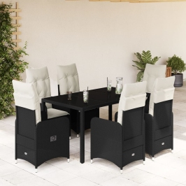 Set de mesa y sillas de jardín 7 pzas y cojines ratán PE negro