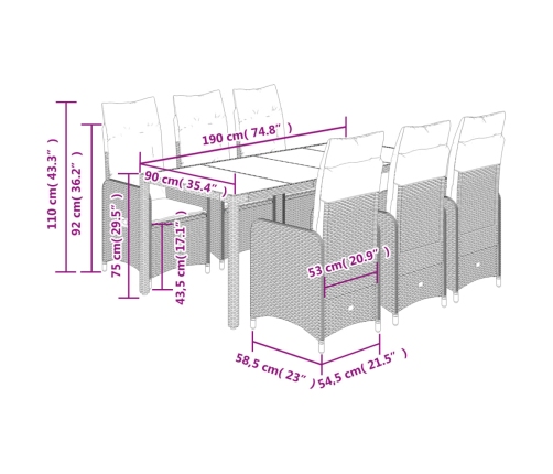 Set de mesa y sillas de jardín 7 pzas y cojines ratán PE negro