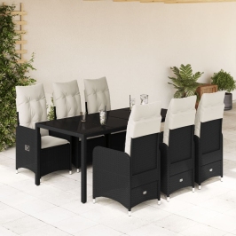Set de mesa y sillas de jardín 7 pzas y cojines ratán PE negro