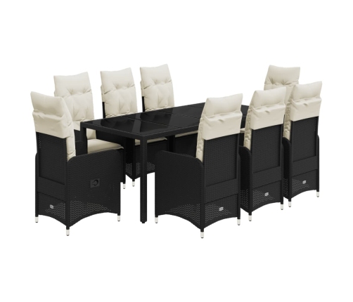 Set de mesa y sillas de jardín 9 pzas y cojines ratán PE negro