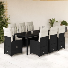 Set de mesa y sillas de jardín 9 pzas y cojines ratán PE negro