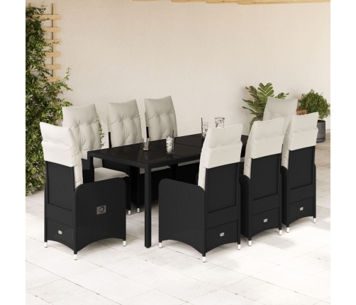 Set de mesa y sillas de jardín 9 pzas y cojines ratán PE negro