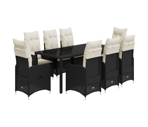 Set de mesa y sillas de jardín 9 pzas y cojines ratán PE negro