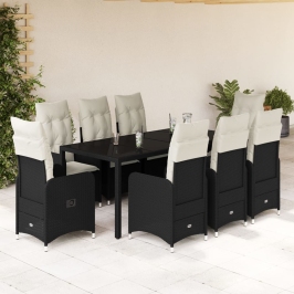 Set de mesa y sillas de jardín 9 pzas y cojines ratán PE negro