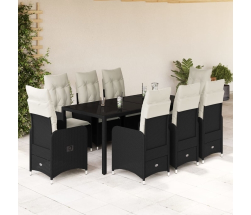 Set de mesa y sillas de jardín 9 pzas y cojines ratán PE negro