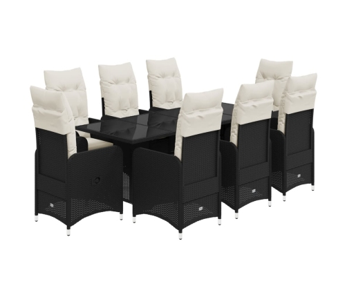 Set de mesa y sillas de jardín 9 pzas y cojines ratán PE negro
