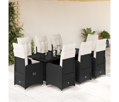Set de mesa y sillas de jardín 9 pzas y cojines ratán PE negro