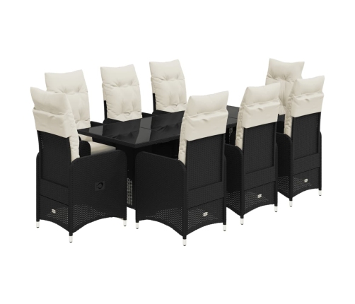 Set de mesa y sillas de jardín 9 pzas y cojines ratán PE negro