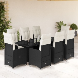 Set de mesa y sillas de jardín 9 pzas y cojines ratán PE negro