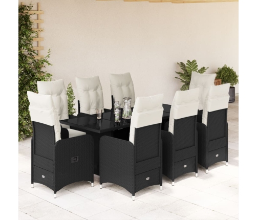 Set de mesa y sillas de jardín 9 pzas y cojines ratán PE negro