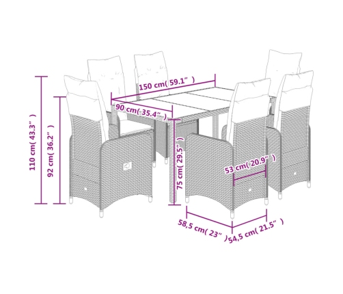 Set de mesa y sillas jardín 7 pzas con cojines ratán PE marrón