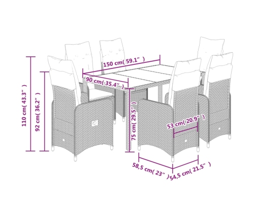 Set de mesa y sillas jardín 7 pzas con cojines ratán PE marrón