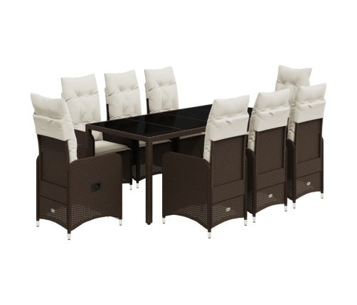 Set de mesa y sillas jardín 9 piezas y cojines ratán PE marrón