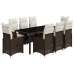 Set de mesa y sillas jardín 9 piezas y cojines ratán PE marrón