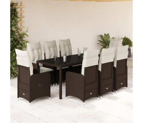 Set de mesa y sillas jardín 9 piezas y cojines ratán PE marrón