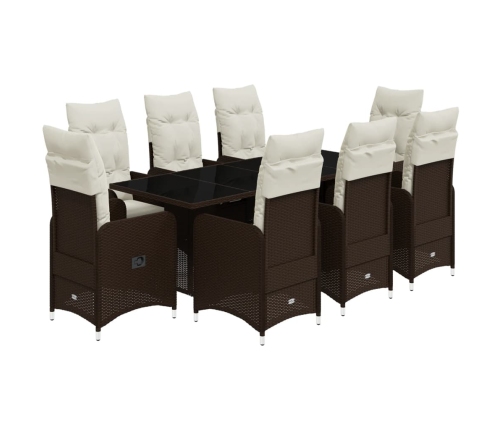 Set de mesa y sillas jardín 9 piezas y cojines ratán PE marrón