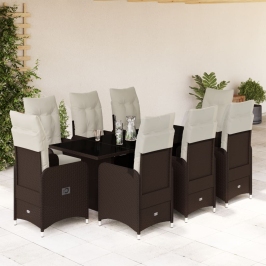 Set de mesa y sillas jardín 9 piezas y cojines ratán PE marrón