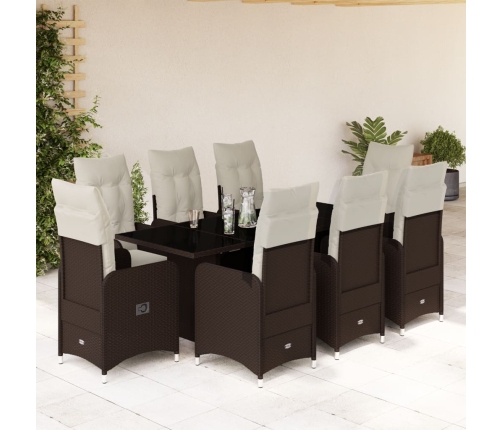 Set de mesa y sillas jardín 9 piezas y cojines ratán PE marrón