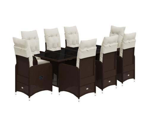 Set de mesa y sillas jardín 9 piezas y cojines ratán PE marrón