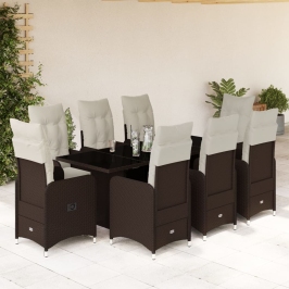 Set de mesa y sillas jardín 9 piezas y cojines ratán PE marrón