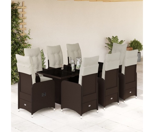 Set de mesa y sillas jardín 9 piezas y cojines ratán PE marrón