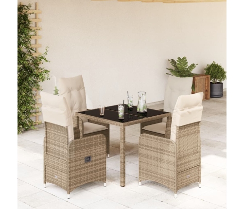 Mesita y sillas jardín 5 pzas y cojines ratán sintético beige