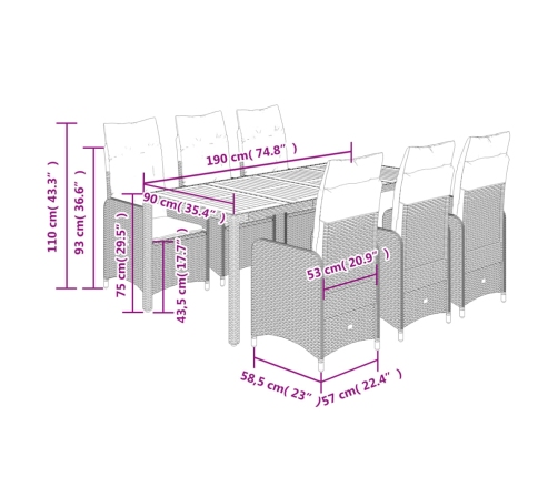 Set de mesa y sillas de jardín 7 pzas y cojines ratán PE beige