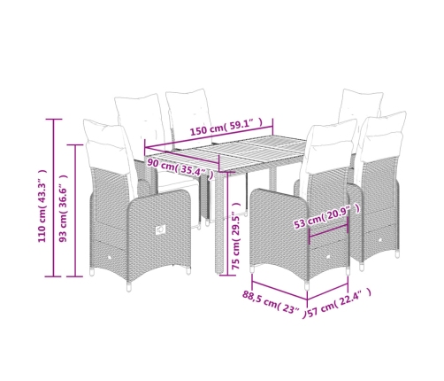 Set de mesa y sillas de jardín 7 pzas y cojines ratán PE negro