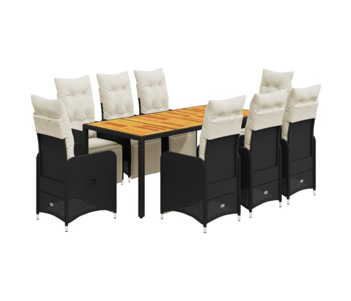 Set de mesa y sillas de jardín 9 pzas y cojines ratán PE negro