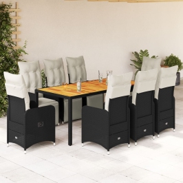 Set de mesa y sillas de jardín 9 pzas y cojines ratán PE negro