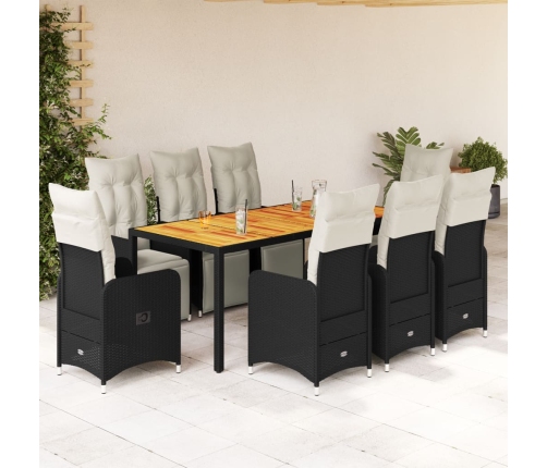 Set de mesa y sillas de jardín 9 pzas y cojines ratán PE negro