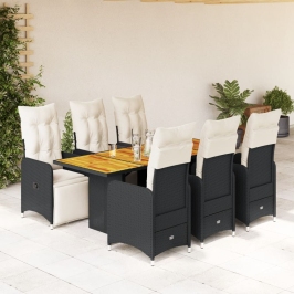 Set de mesa y sillas de jardín 7 pzas y cojines ratán PE negro