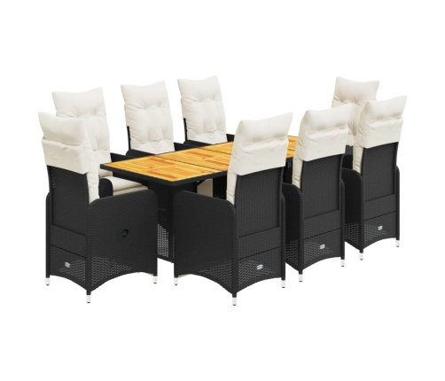 Set de mesa y sillas de jardín 9 pzas y cojines ratán PE negro