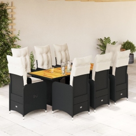 Set de mesa y sillas de jardín 9 pzas y cojines ratán PE negro
