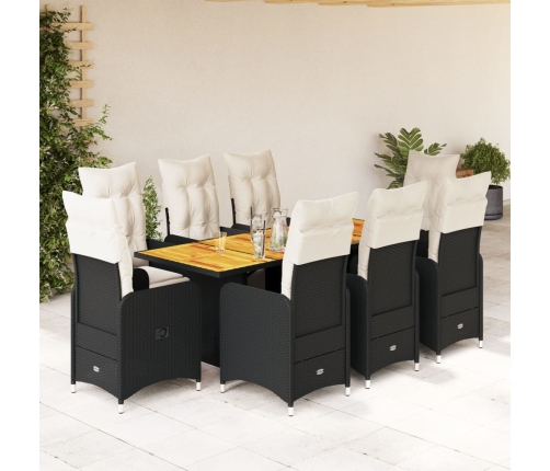 Set de mesa y sillas de jardín 9 pzas y cojines ratán PE negro