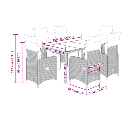 Set de mesa y sillas de jardín 7 pzas y cojines ratán PE negro