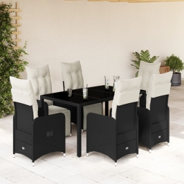 Set de mesa y sillas de jardín 7 pzas y cojines ratán PE negro