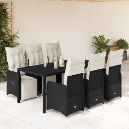 Set de mesa y sillas de jardín 7 pzas y cojines ratán PE negro