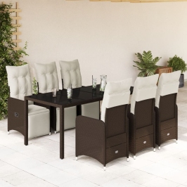 Set de mesa y sillas jardín 7 pzas con cojines ratán PE marrón