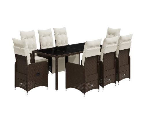 Set de mesa y sillas jardín 9 piezas y cojines ratán PE marrón