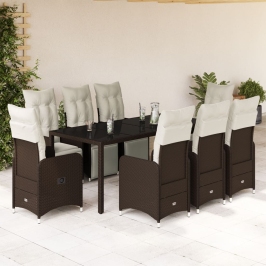 Set de mesa y sillas jardín 9 piezas y cojines ratán PE marrón