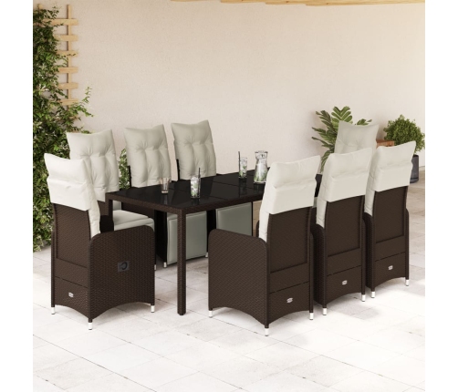 Set de mesa y sillas jardín 9 piezas y cojines ratán PE marrón