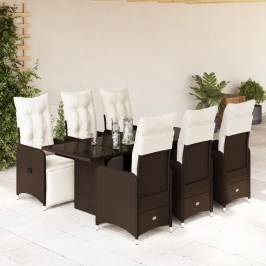 Set de mesa y sillas jardín 7 pzas con cojines ratán PE marrón