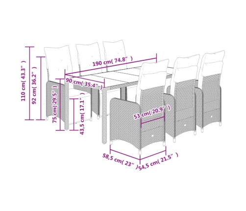 Set de mesa y sillas jardín 7 pzas con cojines ratán PE marrón