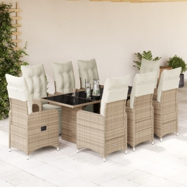 Set de mesa y sillas jardín 9 piezas y cojines ratán PE marrón
