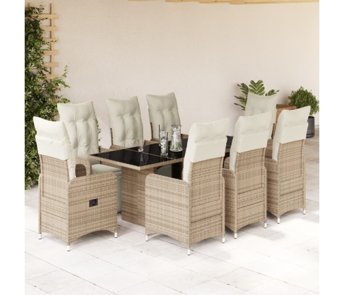Set de mesa y sillas jardín 9 piezas y cojines ratán PE marrón