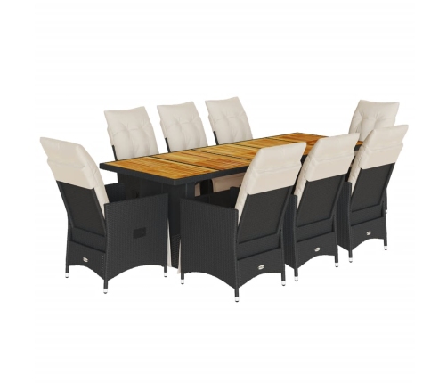 Set de mesa y sillas de jardín 9 pzas y cojines ratán PE negro