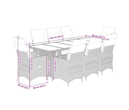 Set de mesa y sillas de jardín 9 pzas y cojines ratán PE negro