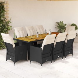 Set de mesa y sillas de jardín 9 pzas y cojines ratán PE negro
