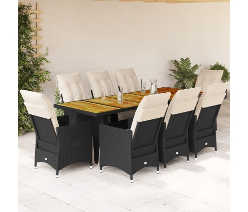 Set de mesa y sillas de jardín 9 pzas y cojines ratán PE negro